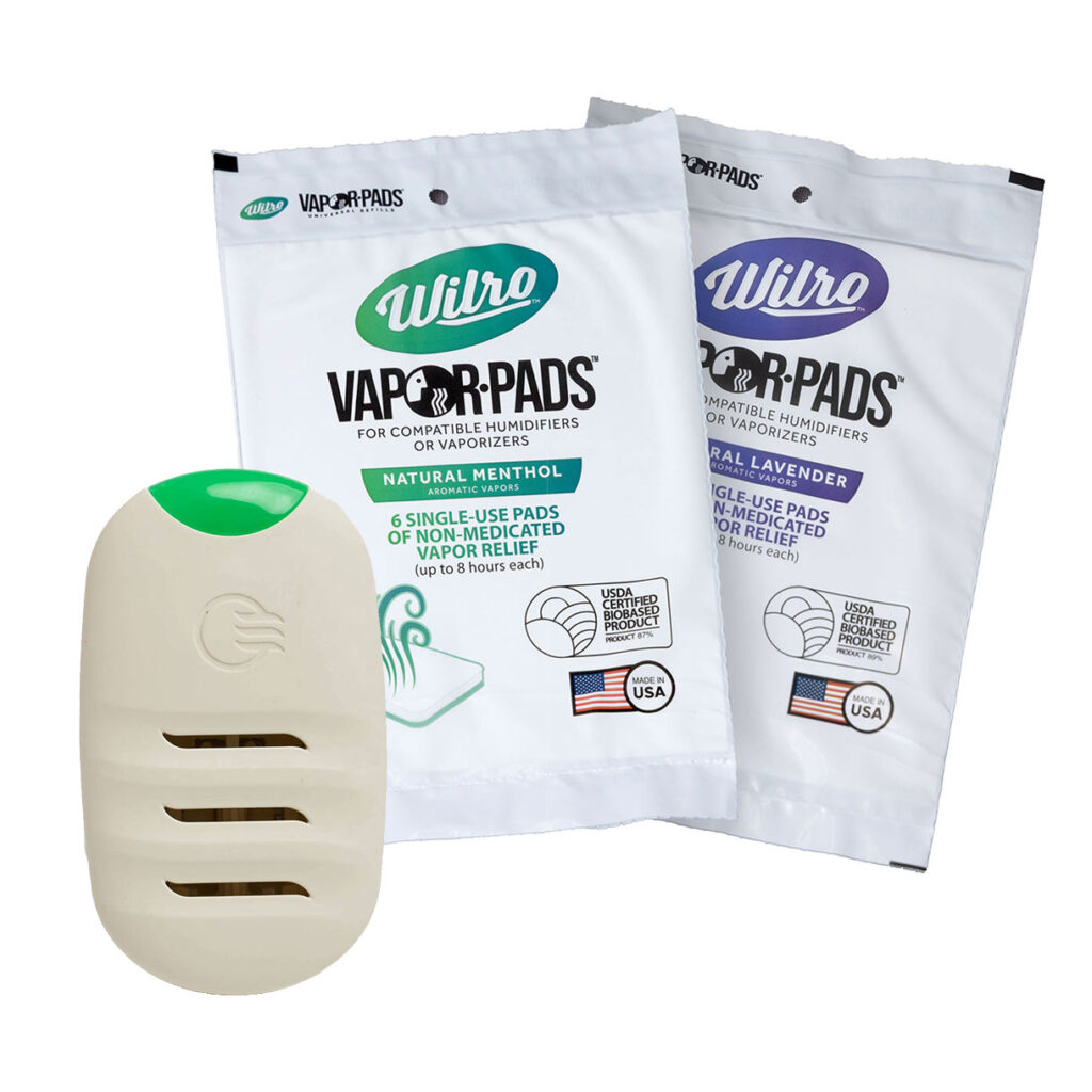 Personal Waterless Vaporizer & Pad Combo Pack: includes vaporizer with green top and two 6-pack pad varieties (Natural Menthol & Natural Lavender) for humidifiers/vaporizers. Each pad is single-use. Features USA logos on packaging.