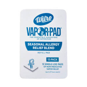 A box of Wilro Seasonal Allergy Relief Vapor Pads includes 12 single-use, non-medicated pads for humidifiers or vaporizers, each providing up to 8 hours of vapor relief.