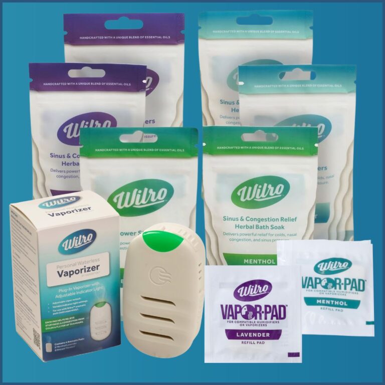A collection of Wilro sinus and congestion relief products, including herbal bath soaks, a personal vaporizer device with its box, and lavender and menthol vapor pads, arranged against a blue background.