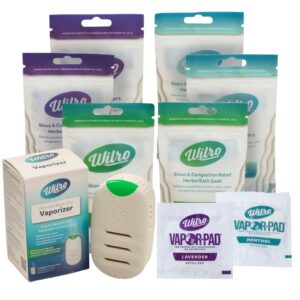 The Wilro Complete Cold Solution includes a white vaporizer device, lavender and menthol refill pad packets, and herbal bath soak pouches—each item displayed upright.