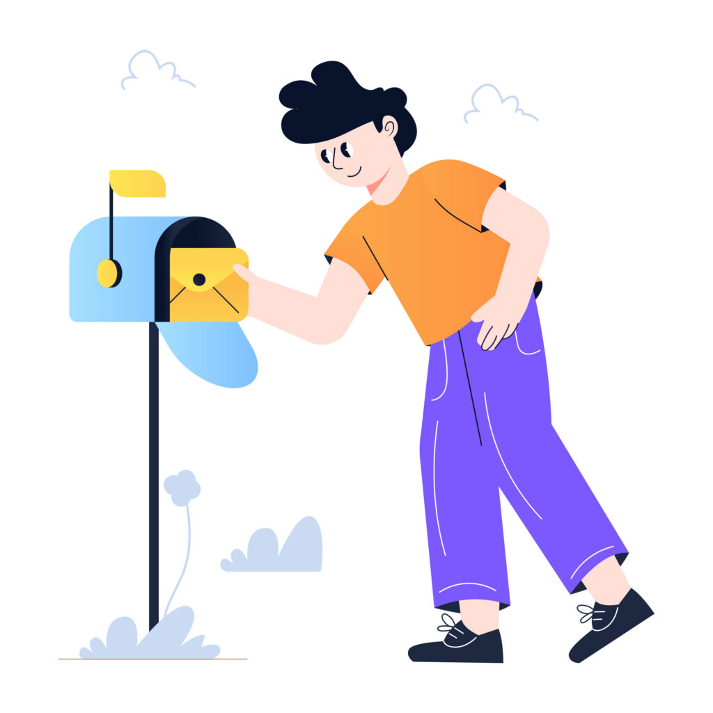 Illustration of a person wearing a orange shirt and purple pants, smiling while taking an envelope out of a blue mailbox outdoors.