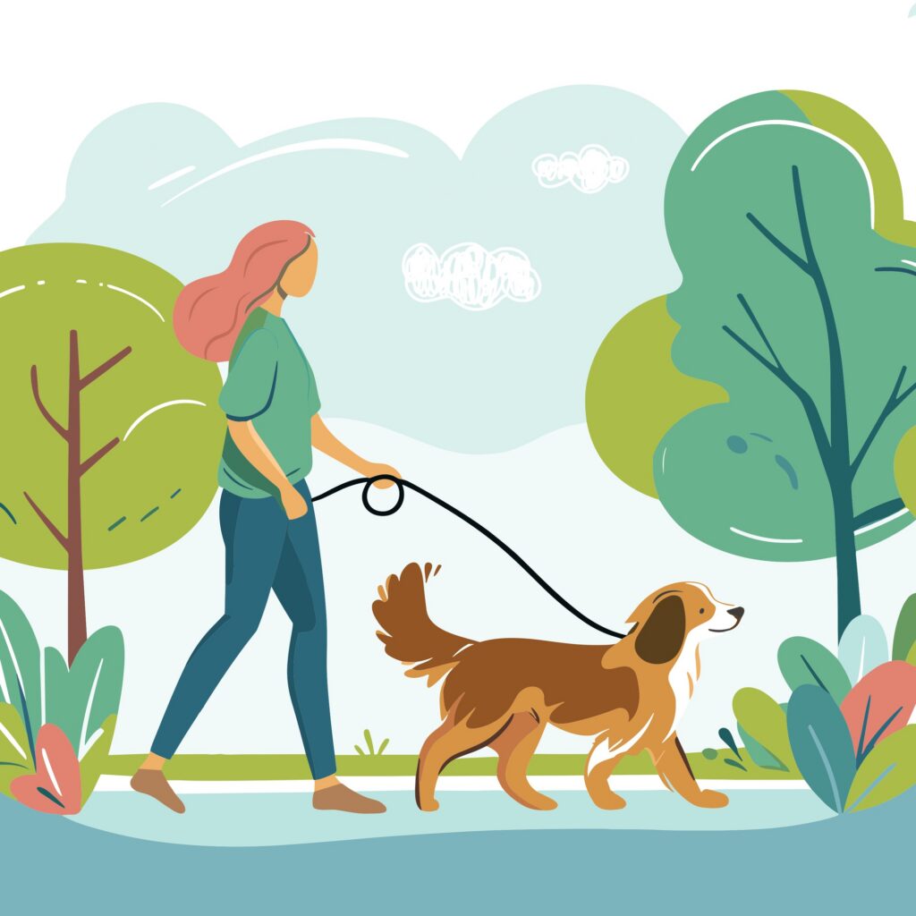 Illustration of a woman with long pink hair walking a brown and white dog on a leash in a park, surrounded by green trees and plants, with a blue sky and clouds in the background.